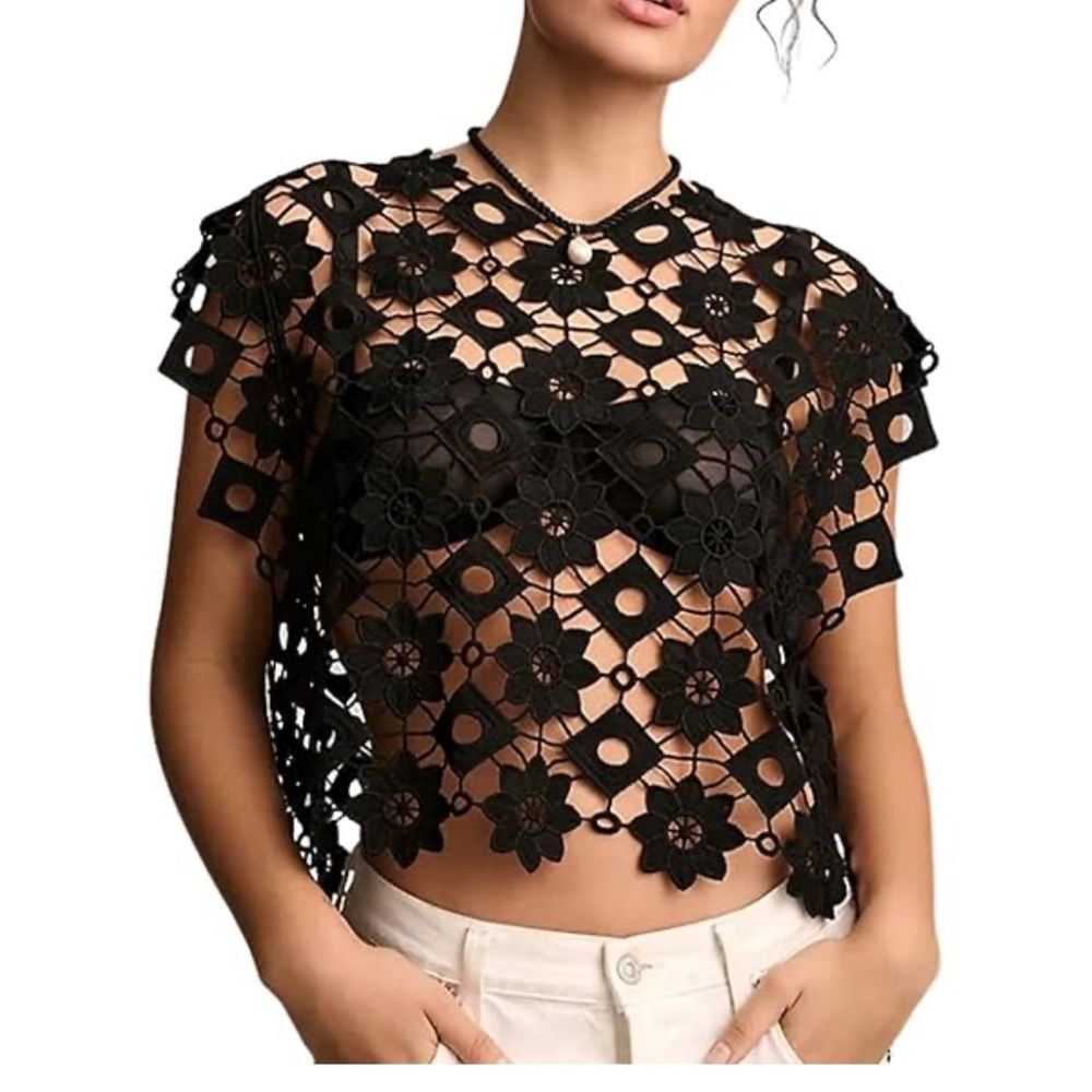 VDWIP Hollow‎ Out Vest Top Floral Lace See Thru Black Sz L-XL Whimsygoth NWOT